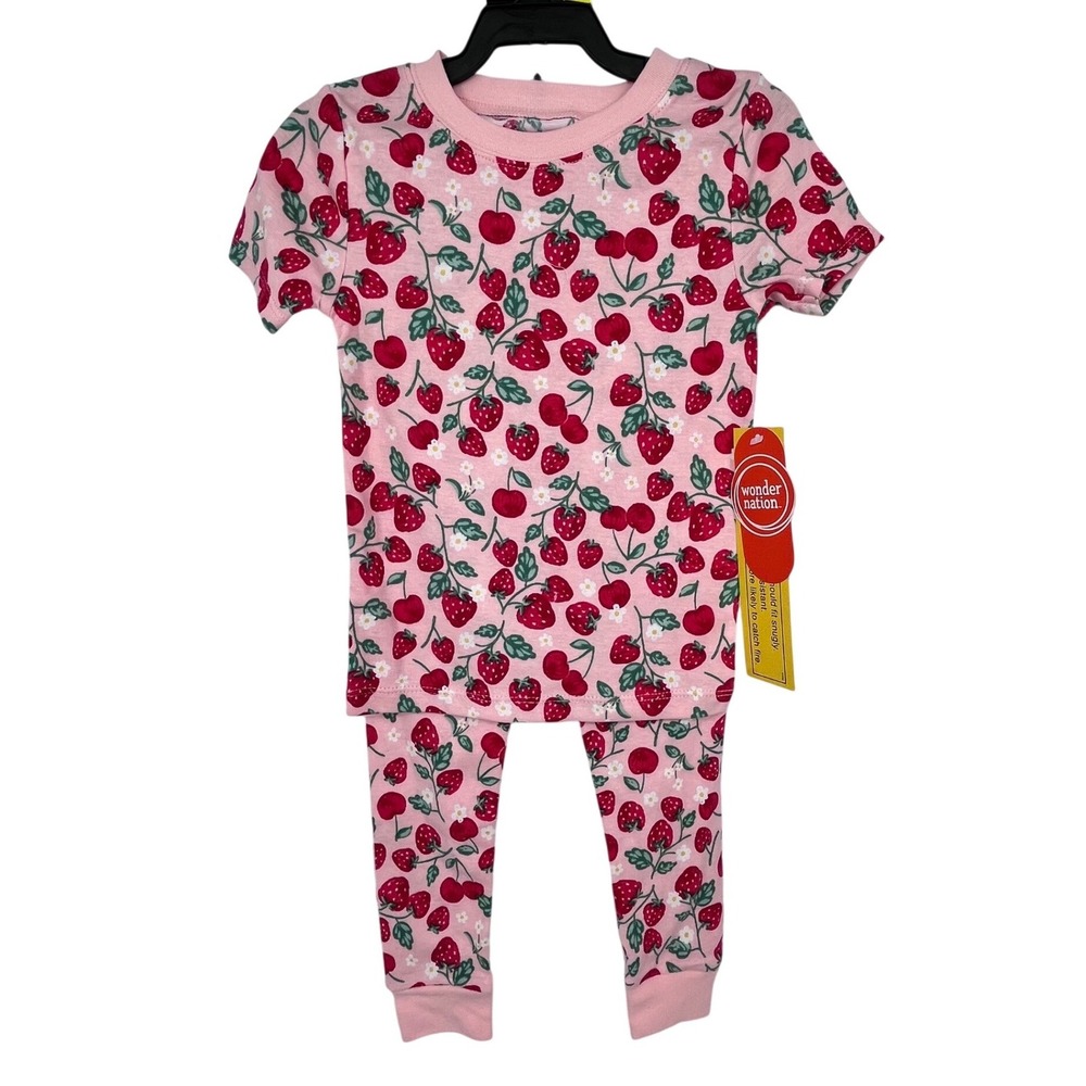Pink Strawberry Cherry Print Pajamas Girls 3T Snug Fit 2pc Set Springtime‎ Cute
